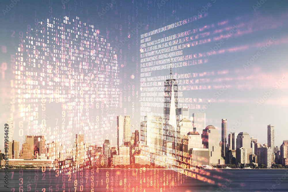 Poster double exposure of abstract virtual creative code skull hologram on new york city skyscrapers backgr