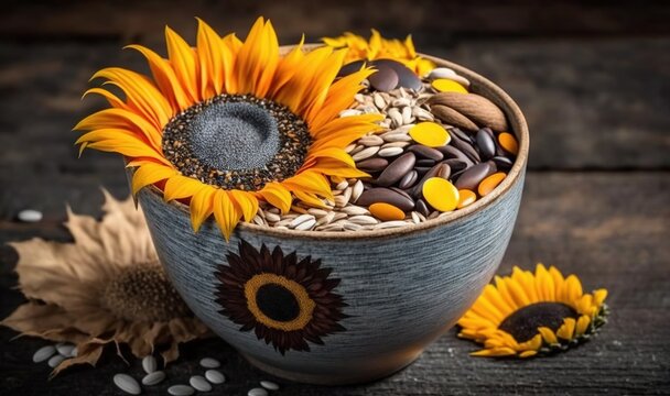  sunflowers and seeds in a bowl on a wooden table.  generative ai
