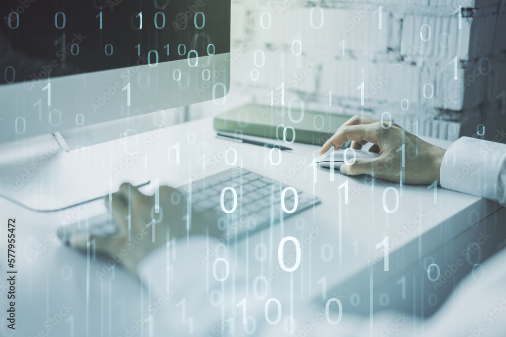 Aufkleber creative concept of binary code illustration and hands typing on laptop on background. big data and 