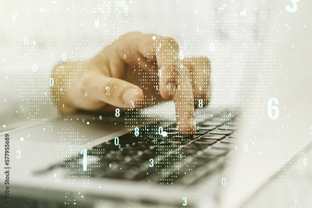 Fototapete Double exposure of abstract creative programming illustration with world map and hand typing on laptop on background, big data and blockchain concept