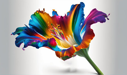  a multicolored flower with a long stem on a white background.  generative ai