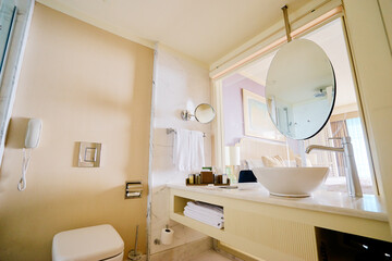 Interior of hotel bathroom.