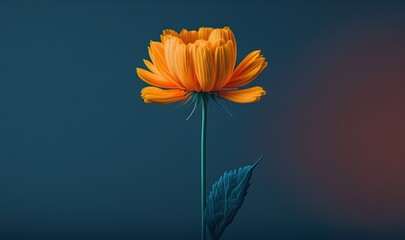  a single orange flower with a blue stem on a blue background.  generative ai