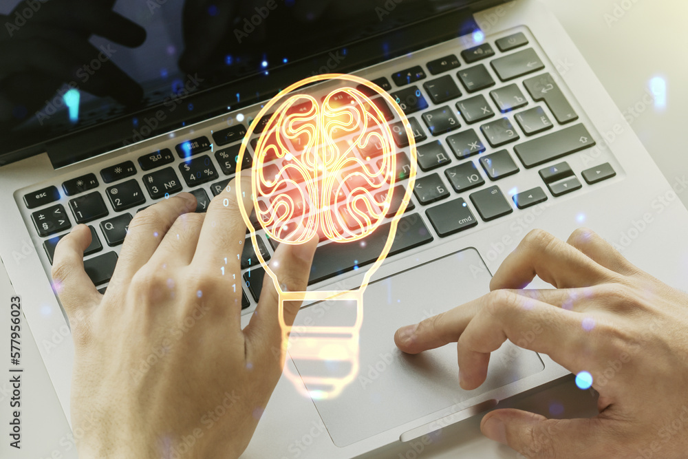Poster creative light bulb illustration with human brain and with hands typing on computer keyboard on back