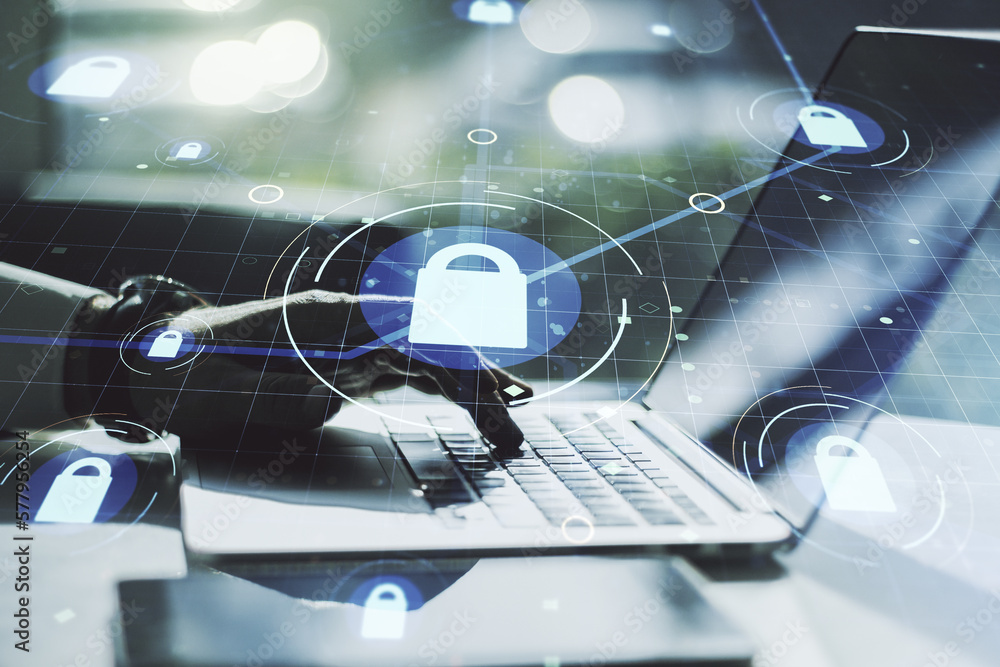 Poster creative lock illustration with microcircuit and hands typing on computer keyboard on background, cy
