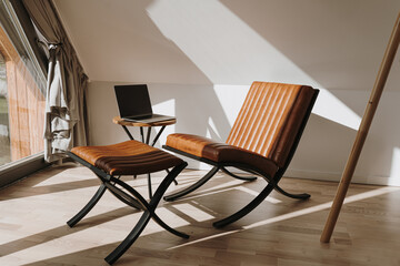 Luxury minimal interior design concept. Bright modern Scandinavian home office workspace with...