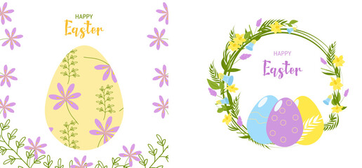 Easter banner. Modern Easter design with text. Colored Easter eggs in a frame of flowers.Vector illustration. Poster, poster, flyer.