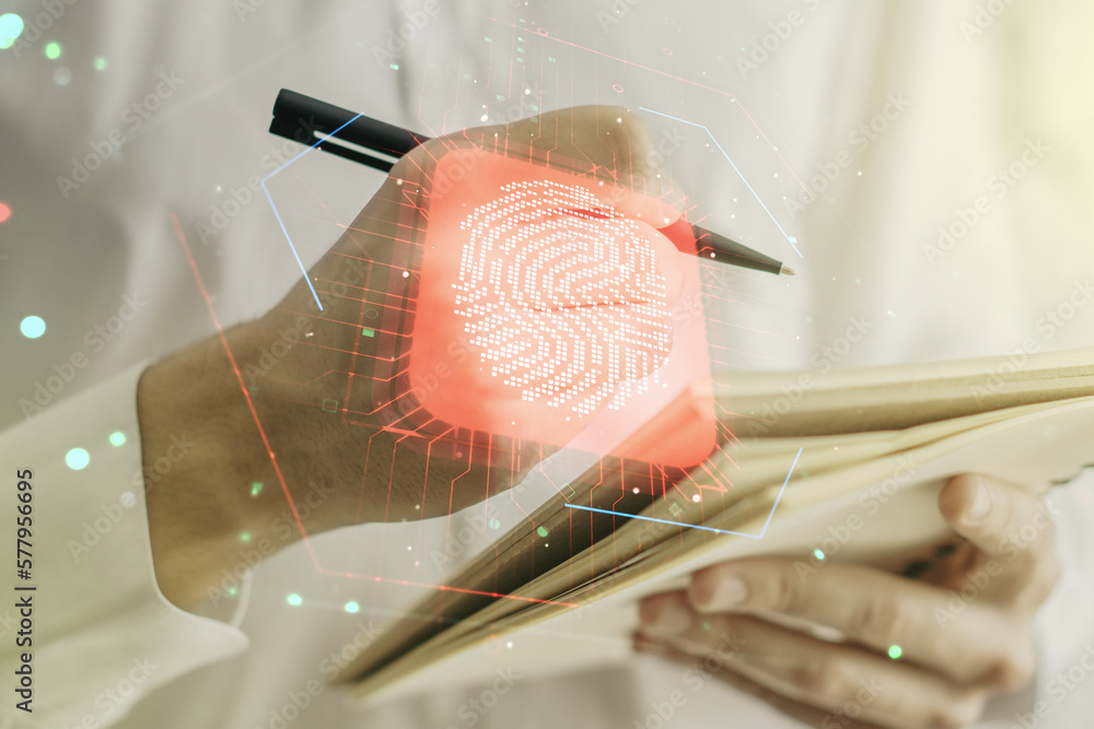 Poster double exposure of abstract creative fingerprint hologram with man hand writing in notebook on backg