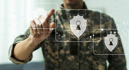 Cyber security and futuristic technology concept businessman using finger to touch fingerprint interface,to scan password,with technology icons and padlock,with artificial intelligence system or ai.