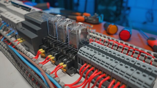 Electrical panel with many red and blue wires, electrical parts, automatic switches, breakers, residual current devices. Close up of a electrical switch on a table in an electrical workshop.
