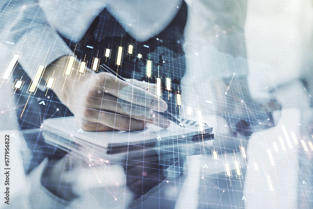 Poster double exposure of abstract creative financial chart with world map and with man hand writing in not