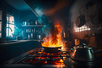 Stove ignited in the kitchen during cooking, smoke and soot around, fire at home. Generative AI - obrazy, fototapety, plakaty