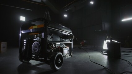 Black mobile gasoline power generator in a dark workshop. Gasoline powered generator that produces light. Battery equipment connected by wires. Dark empty room with light. - obrazy, fototapety, plakaty