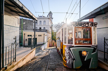 Plakat Elevador do Lavra. Travel by Portugal. Old retro tram funicular elevator train on Lisbon street.