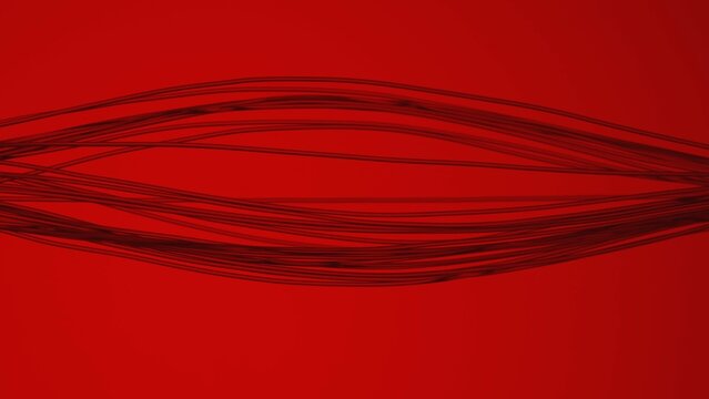 A strand of hair stretched out in a horizontal lines and expanded on a red background. Texture of a dark transparent human hair. Threads, strings, hair strand under a microscope or a magnifying loupe.