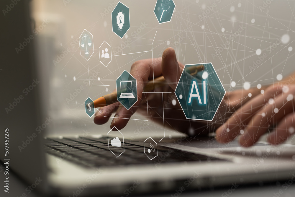 Poster artificial intelligence industry. integration computing concept. man presses brain ai gears button o