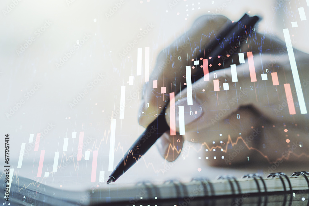 Aufkleber multi exposure of abstract creative financial graph with hand writing in notepad on background, fore