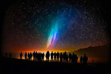Fototapeta premium Retrograde comet with a near parabolic orbit.The dark silhouette of the crowd people. Night starry sky and comet. Summer evening sunset starry night. Astronomical observations. Generative AI