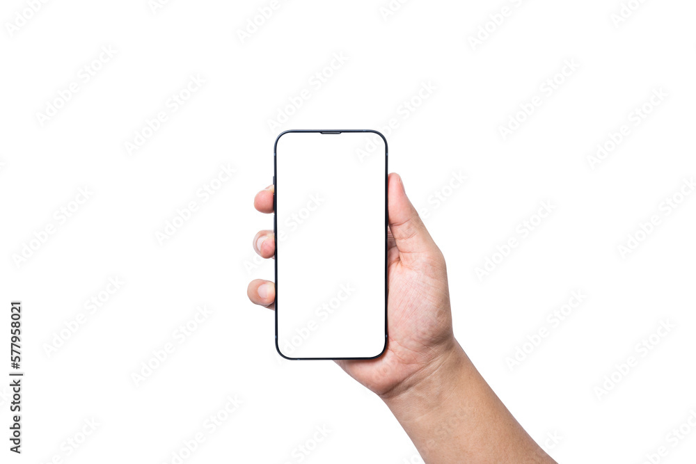 Poster isolate of hand holding blank screen of smartphone on white background with clipping path for mockup