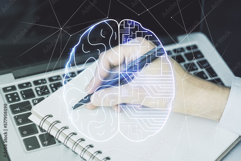 Poster double exposure of creative artificial intelligence symbol with hand writing in notebook on backgrou