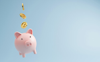 Golden coin dropping  to pink piggy bank for Money saving and deposit investment to get profit and...