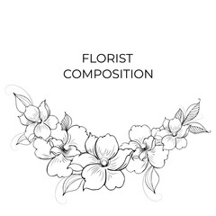 Gentle floral background from flower branches and buds, flower arrangement. Hand drawing. For stylized decor, invitations, cards, posters, flyers, backgrounds, as clipart