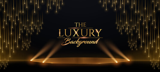 Golden Stage Spotlights Royal Awards Graphics Background. Lights Elegant Shine Modern Template. Space Falling Star Particles Corporate Template. Classy speedy lines Abstract trophy Certificate Banner.