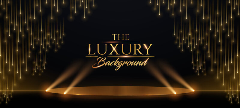 Golden Stage Spotlights Royal Awards Graphics Background. Lights Elegant Shine Modern Template. Space Falling Star Particles Corporate Template. Classy speedy lines Abstract trophy Certificate Banner.