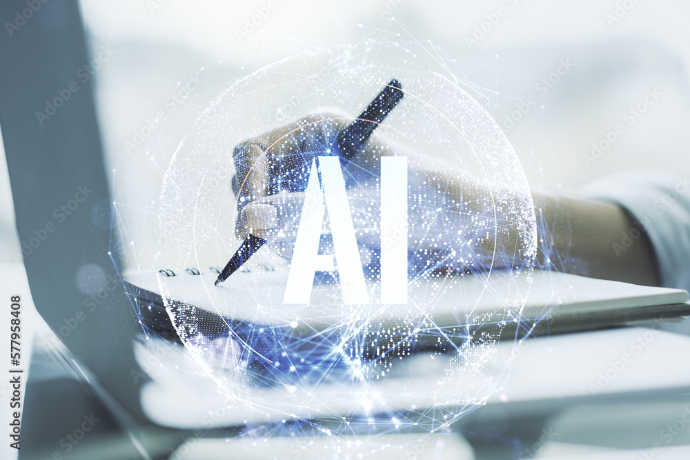 Aufkleber creative artificial intelligence symbol concept with hand writing in diary on background with laptop