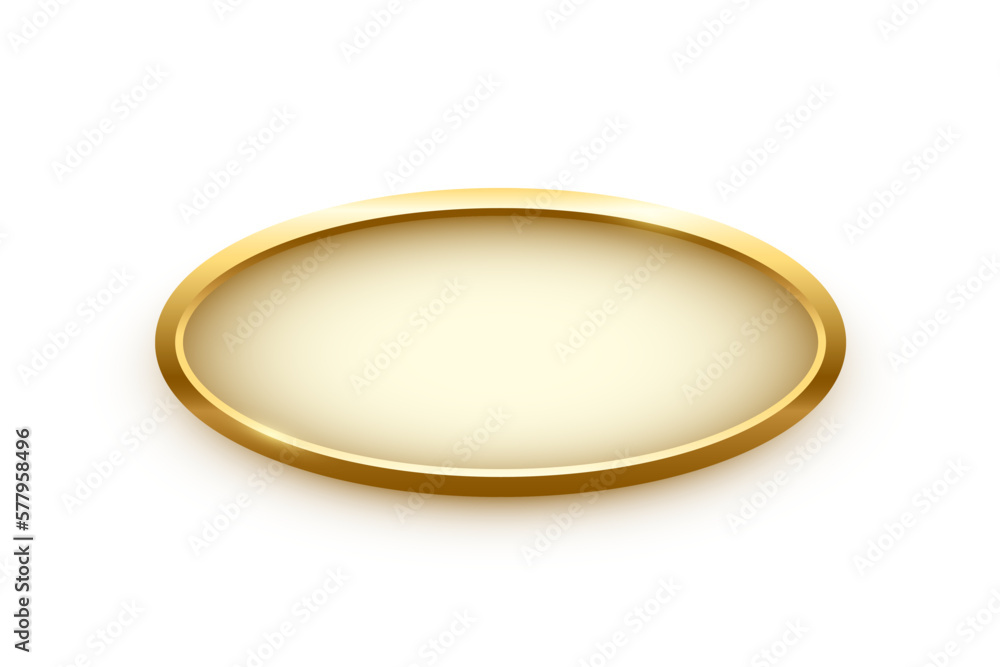 Poster 3d plate button of ellipse shape with golden frame vector illustration. realistic isolated website e