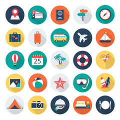 Fototapeta premium travel and tourism icon long shadow on color circle white background. holiday vacation travel symbol set. vector illustration flat design.