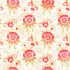 Fototapeta na wymiar Seamless pattern with floral ornament. Grunge backdrop. Raster illustration for package design, wrapper. Postcard design, invitation card. Sing on fabric or paper.