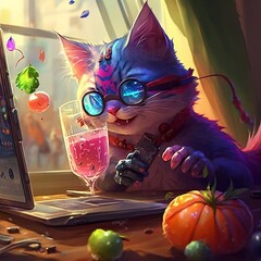 colorful cat playing on pc