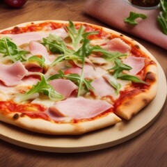 Classical Italian pizza with prosciutto and rocket salad on round wooden plate on table background