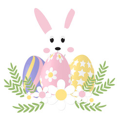 Easter egg with buuny and flower transparent backgound, Easter day Png