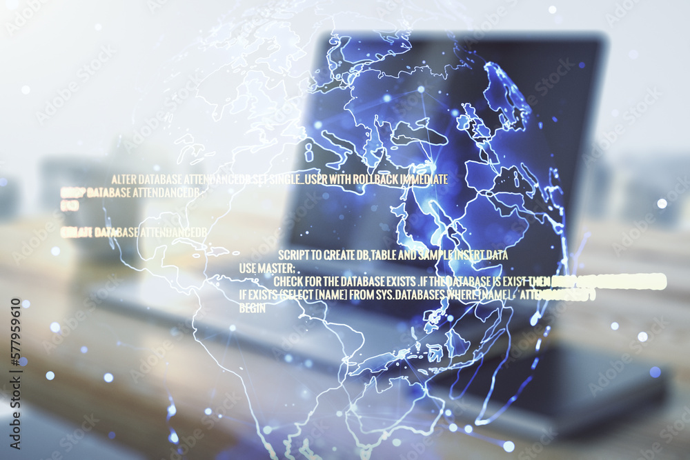Poster abstract creative coding concept with world map and modern desktop with computer on background. mult