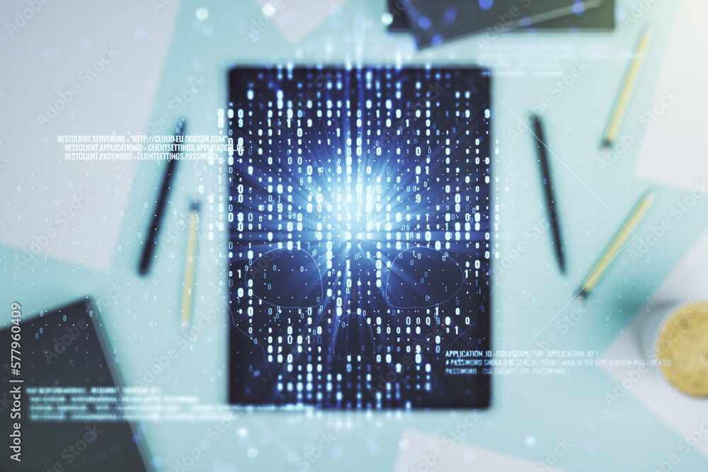 Poster creative code skull sketch and modern digital tablet on background, theft of personal data and malwa