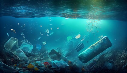 Plastic waste and trash under water in the ocean. Climate change, the concept of protecting the environment, and water resources. Generative AI.