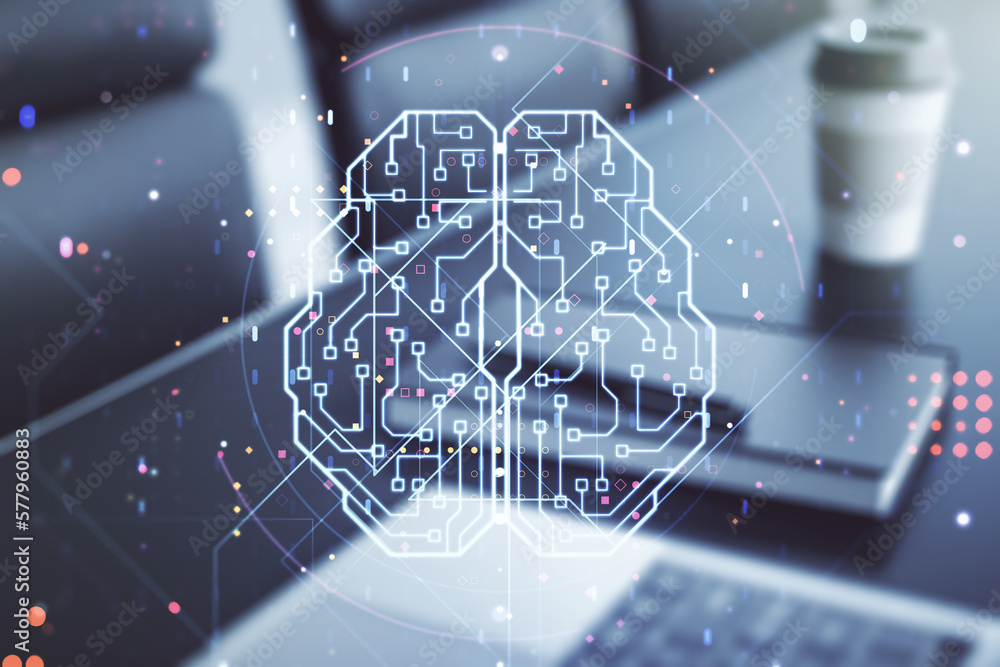Aufkleber Double exposure of creative artificial Intelligence symbol with modern laptop on background. Neural networks and machine learning concept