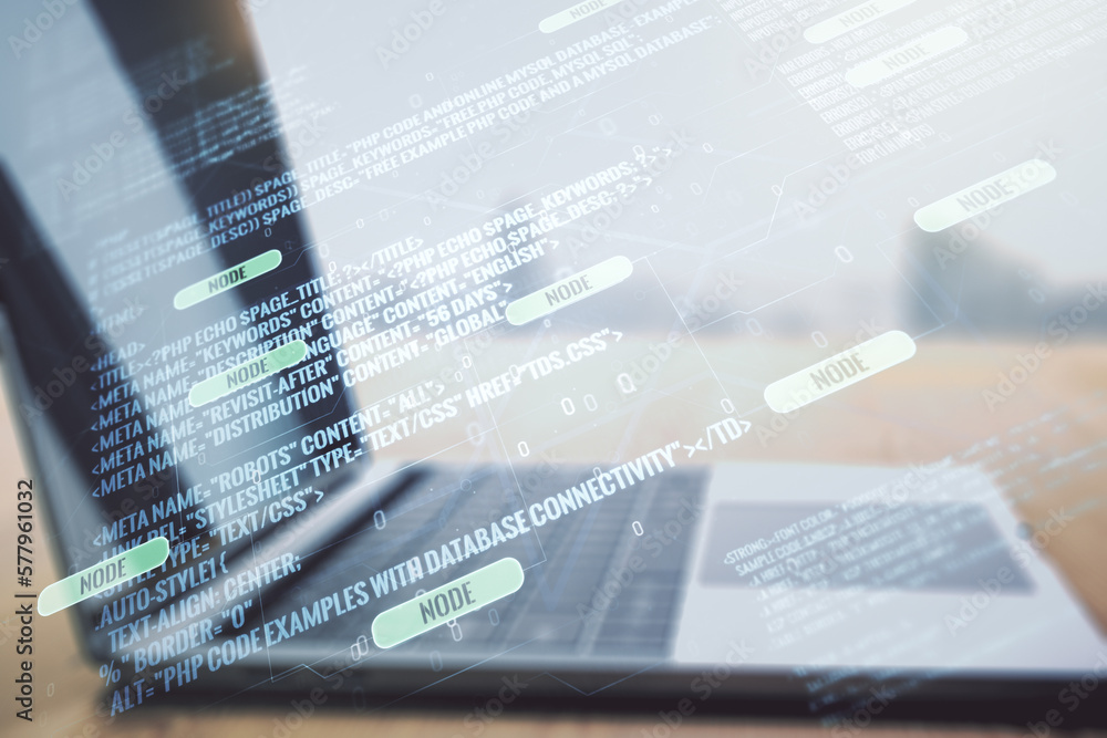 Poster Multi exposure of abstract software development hologram on laptop background, research and analytics concept