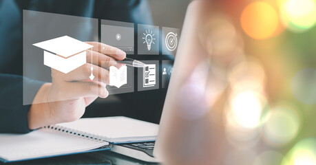 man use Online education training and e-learning webinar on internet for personal development and professional qualifications. Digital courses to develop new skills, Concept of Online education.