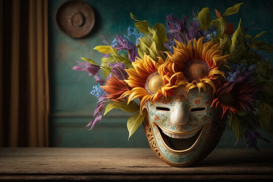 April fools day. April 1st. Fools. Mask of laughter and smiles. Joy and jokes. Clowns and artists. Raffles and fun. Funny greeting card, advertisement, flyer, flyer, article. Generative AI. 