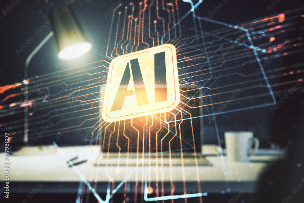Poster double exposure of creative artificial intelligence icon with modern laptop on background. neural ne