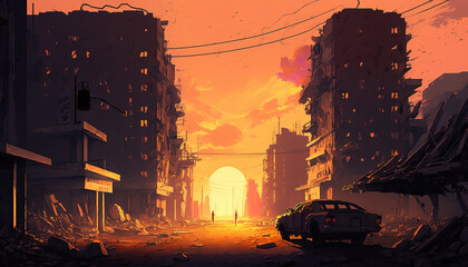 a sunset scene in a destroyed radioactive town, sad art, generative ai technology - obrazy, fototapety, plakaty