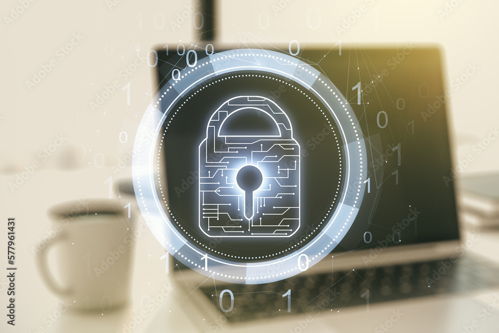 Poster creative light lock illustration with microcircuit on modern computer background, cyber security con