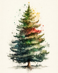 Watercolor drawing of a Christmas tree on white. Generative AI