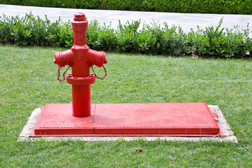 Metal fire hydrant colred in red with fresh green meadow in a public park - image with copy space