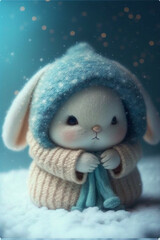 Obraz premium Super cute baby white fairy rabbit in the snow, Generative AI