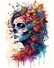 Dia de los muertos (day of the dead) woman portrait in watercolor style. Generative AI