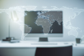Multi exposure of abstract creative digital world map on laptop background, research and analytics concept